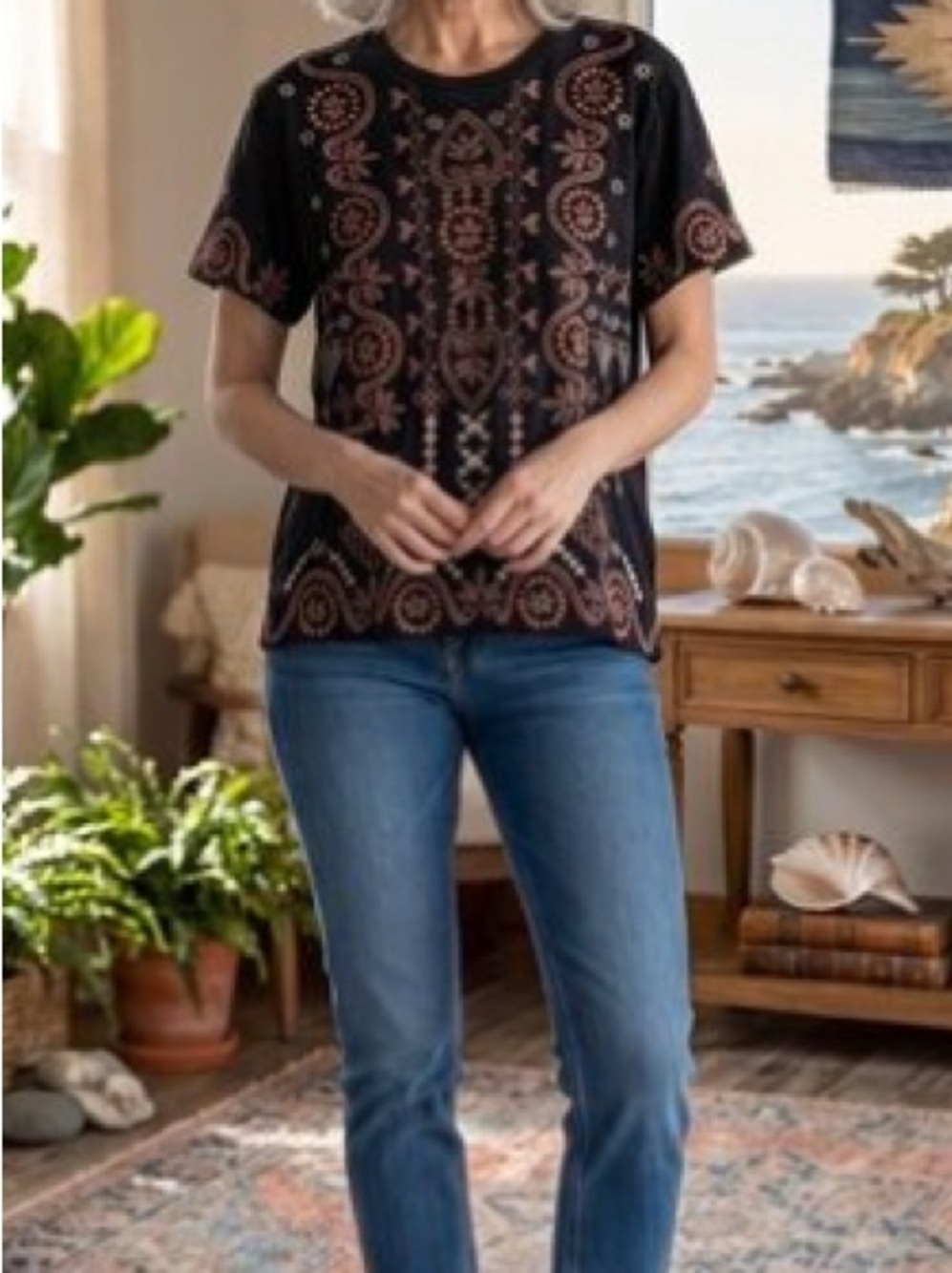 Johnny Was Embroidered Black Short-Sleeve Top with Peachy Pink & Cream Accents